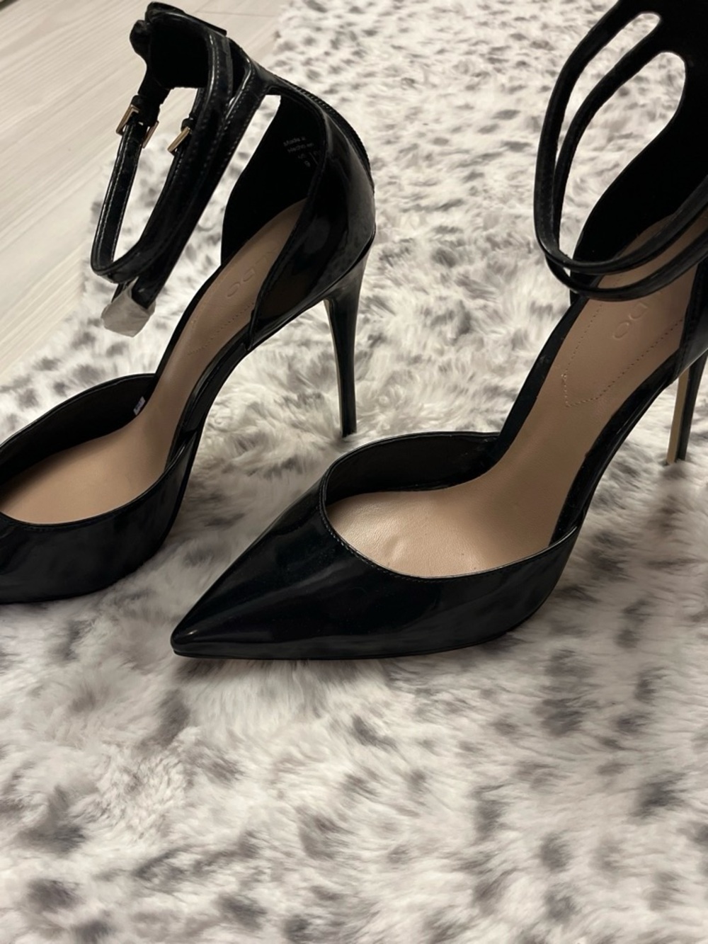 Aldo Black Patent Pointed Toe Double Ankle Strap Stilettos